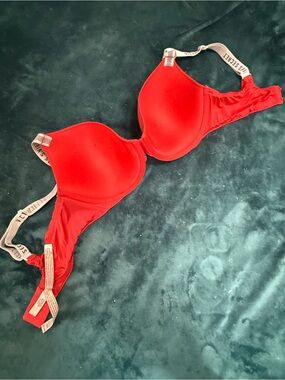 Victoria’s Secret Red T-Shirt Bra with Elastic Logo Straps (36C)